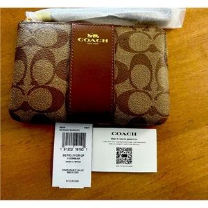 COPY - Coach F58035 Signature PVC Leather Corner Zip Wristlet-IM/KHAKI/SADDLE